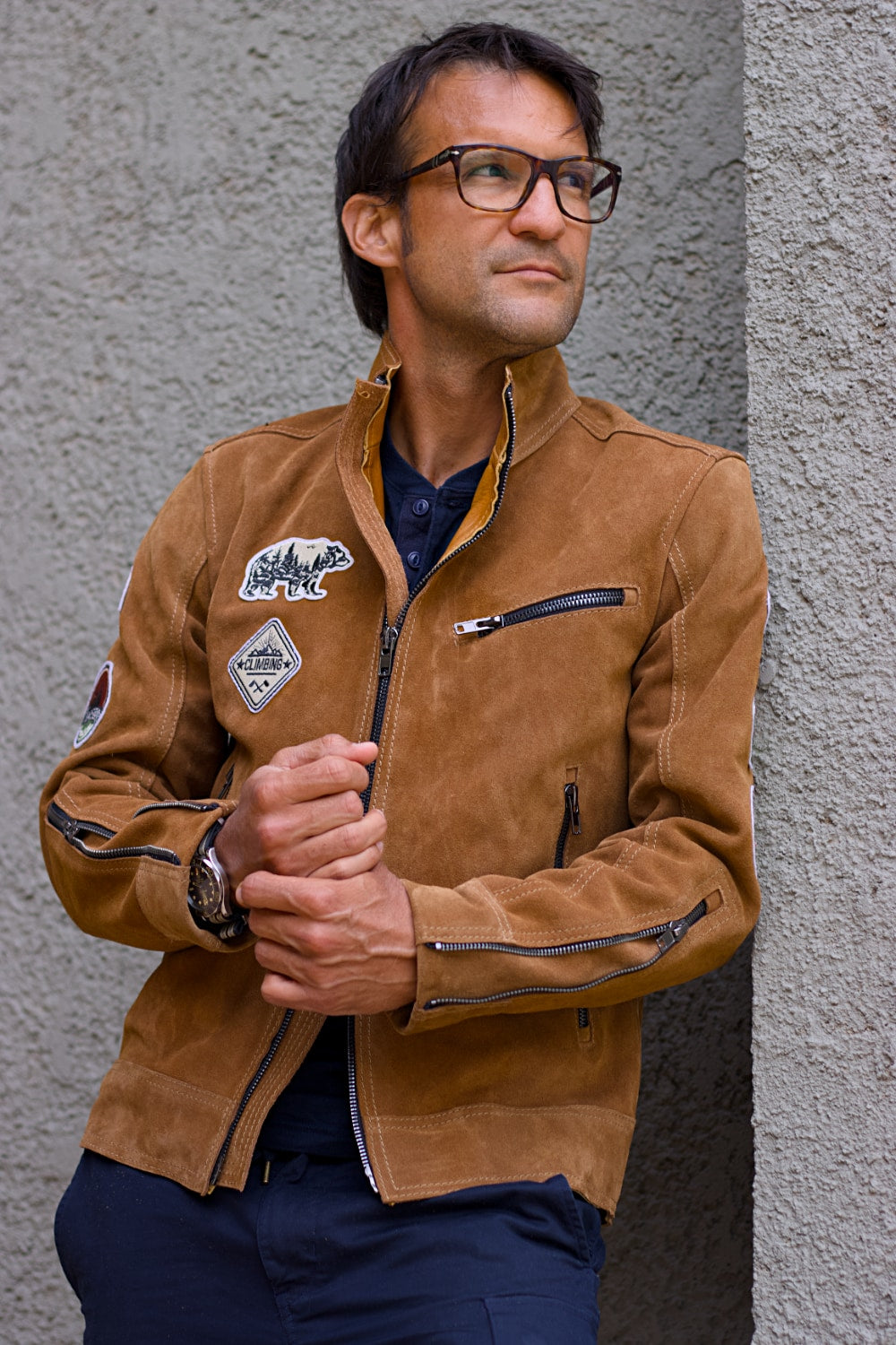 HIKER Leather Jacket with Patches - in Nubuck Sand Color Double Zips
