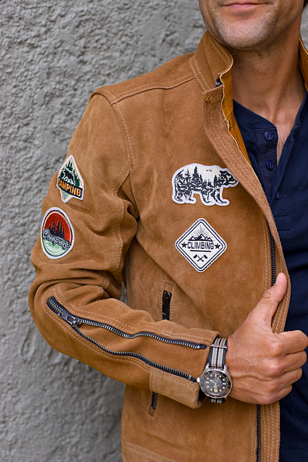 HIKER Leather Jacket with Patches - in Nubuck Sand Color Double Zips