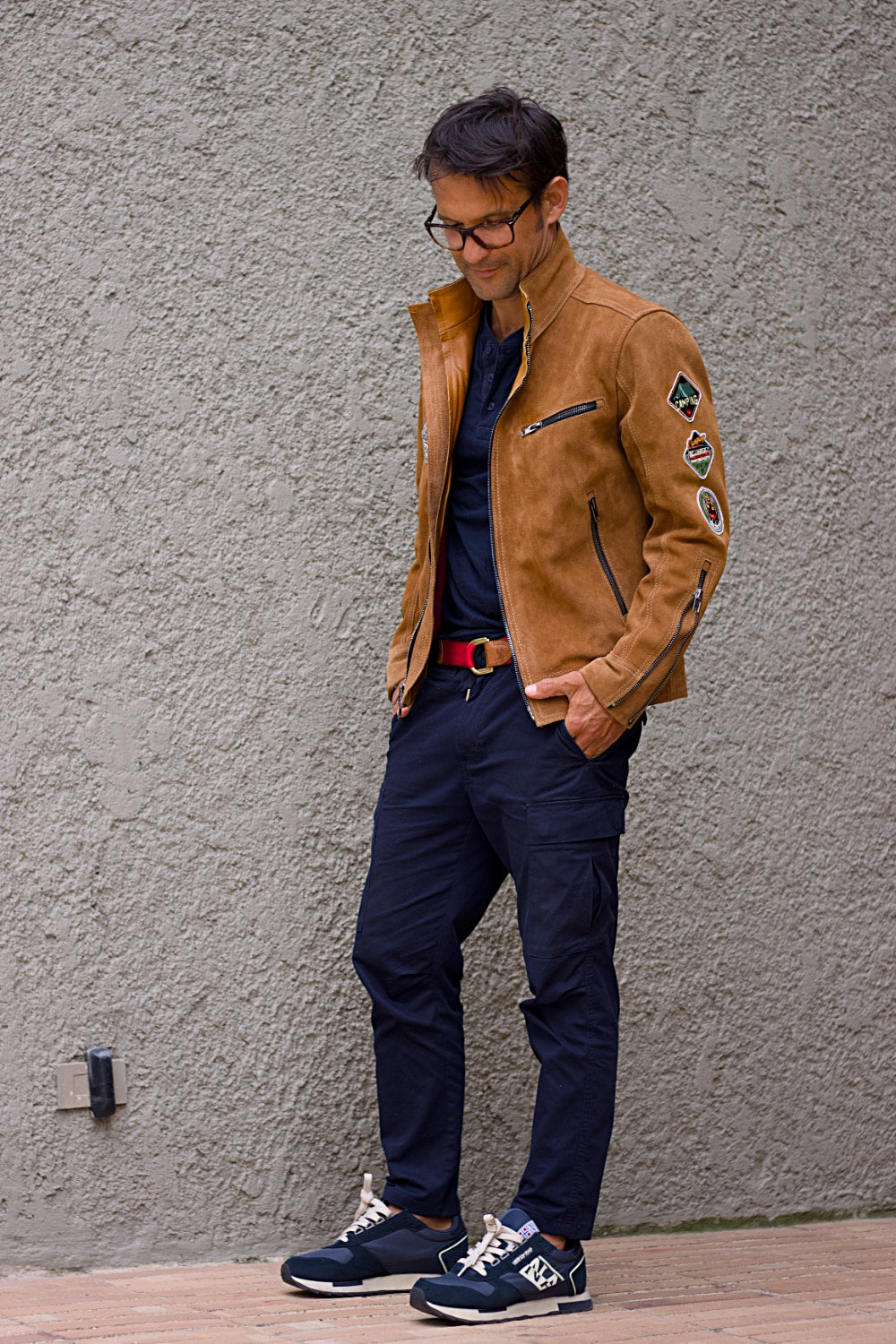 HIKER Leather Jacket with Patches - in Nubuck Sand Color Double Zips