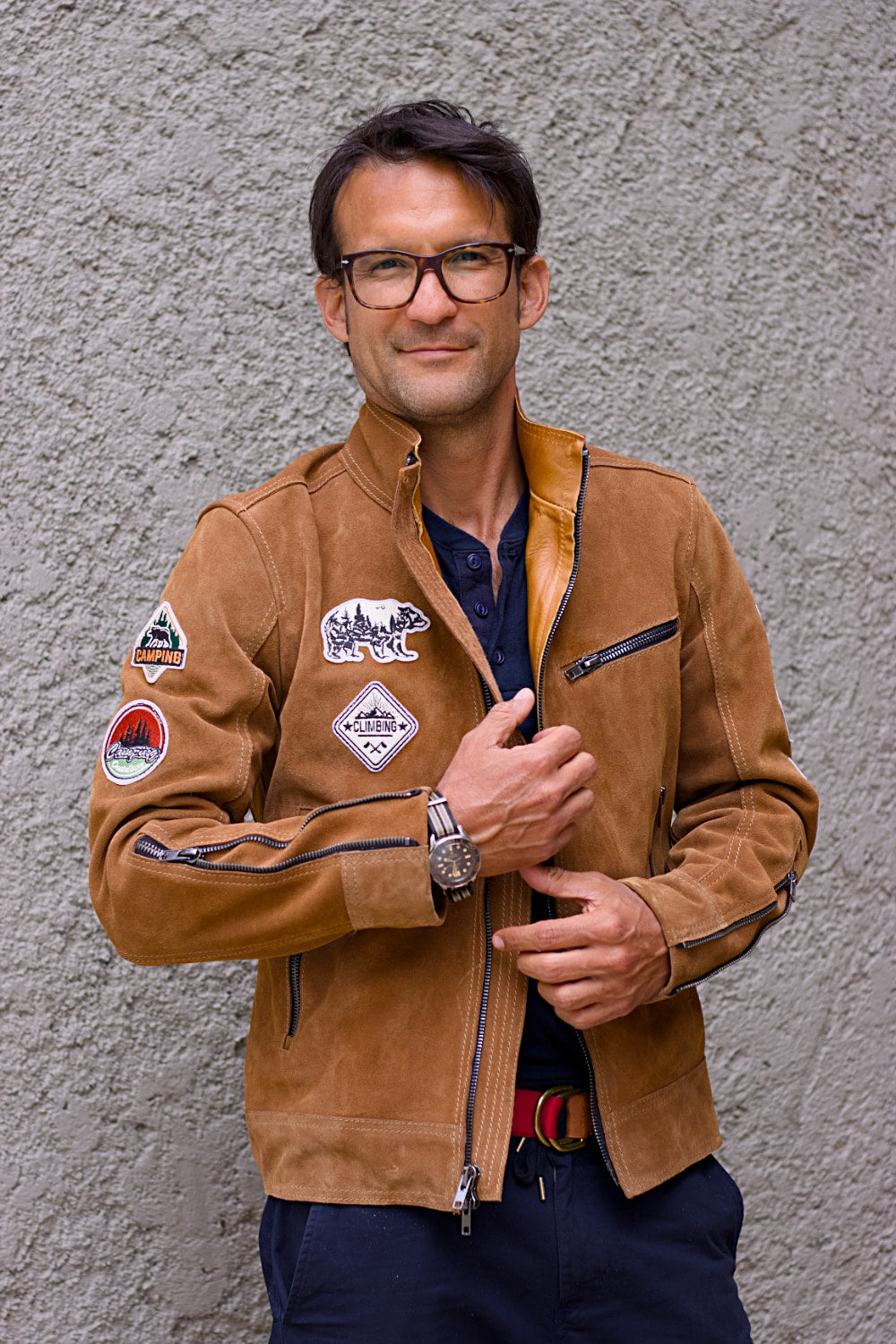 HIKER Leather Jacket with Patches - in Nubuck Sand Color Double Zips