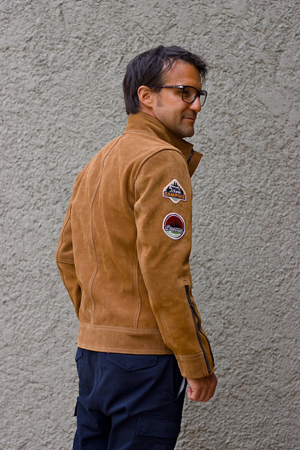 HIKER Leather Jacket with Patches - in Nubuck Sand Color Double Zips