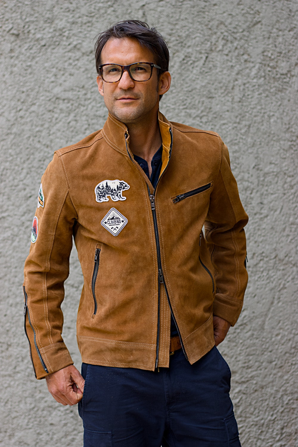 HIKER Leather Jacket with Patches - in Nubuck Sand Color Double Zips