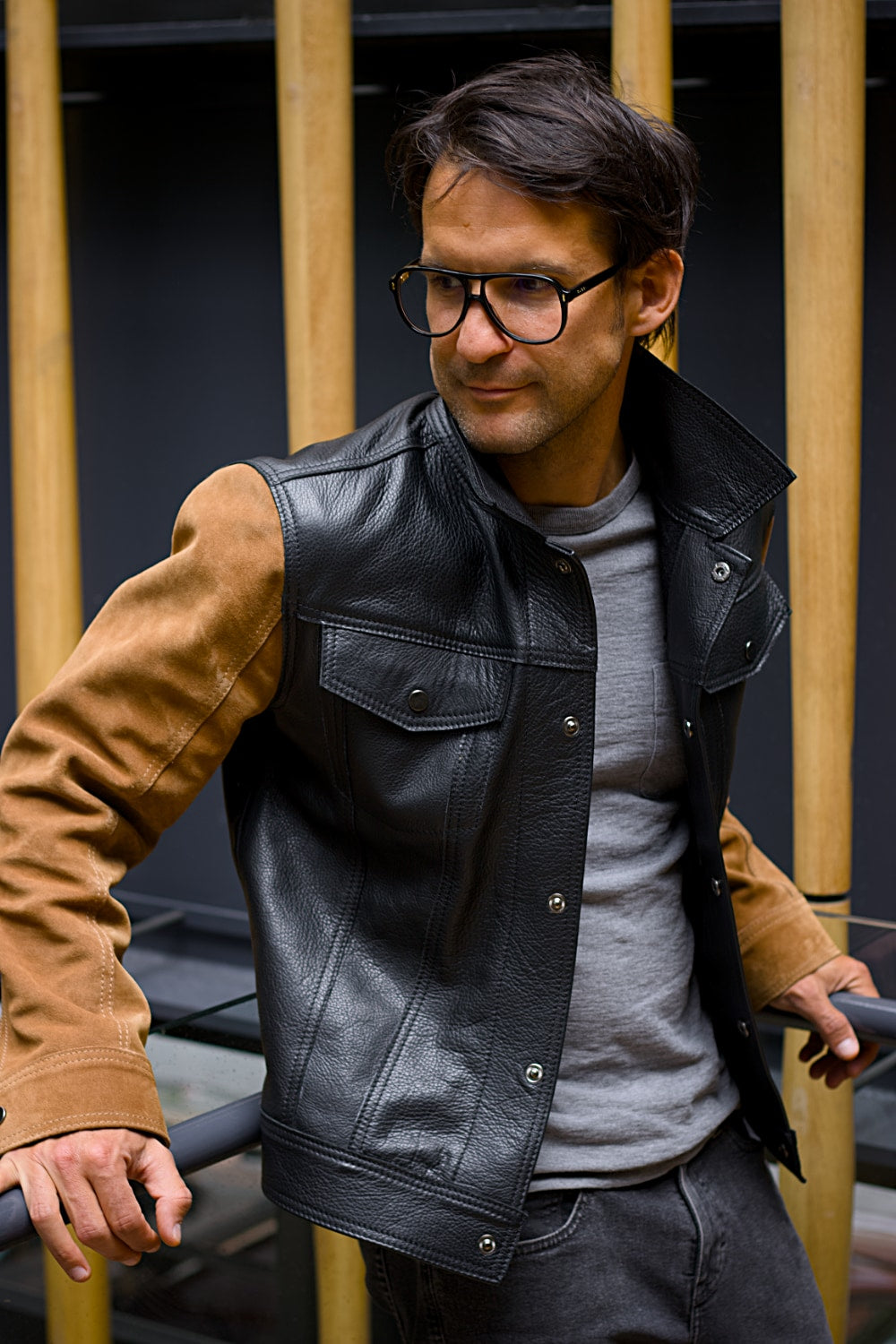 MARTIN Leather Jacket Black & Brown - Suede - Trucker Mens