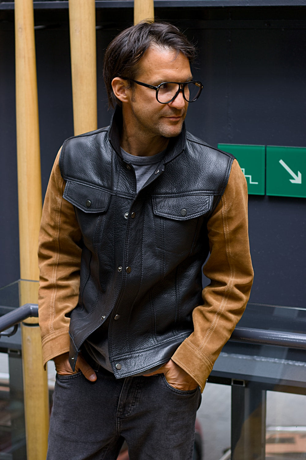 MARTIN Leather Jacket Black & Brown - Suede - Trucker Mens