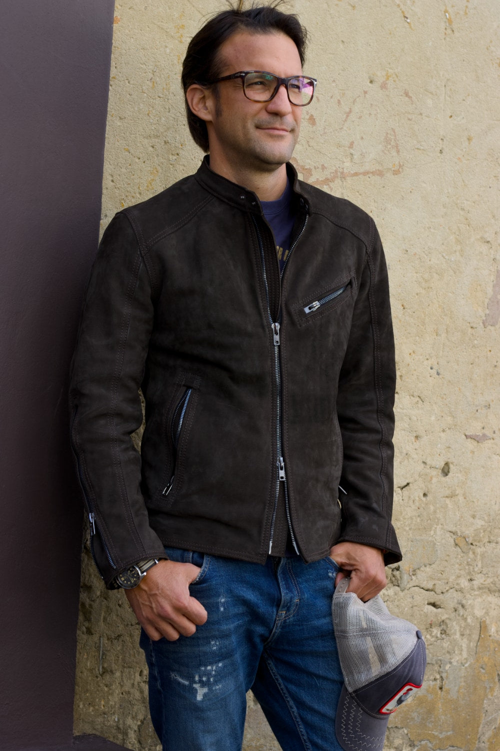 R79 Leather Jacket in Nubuck Suede Double Zip Dark Brown with black zips - Mens