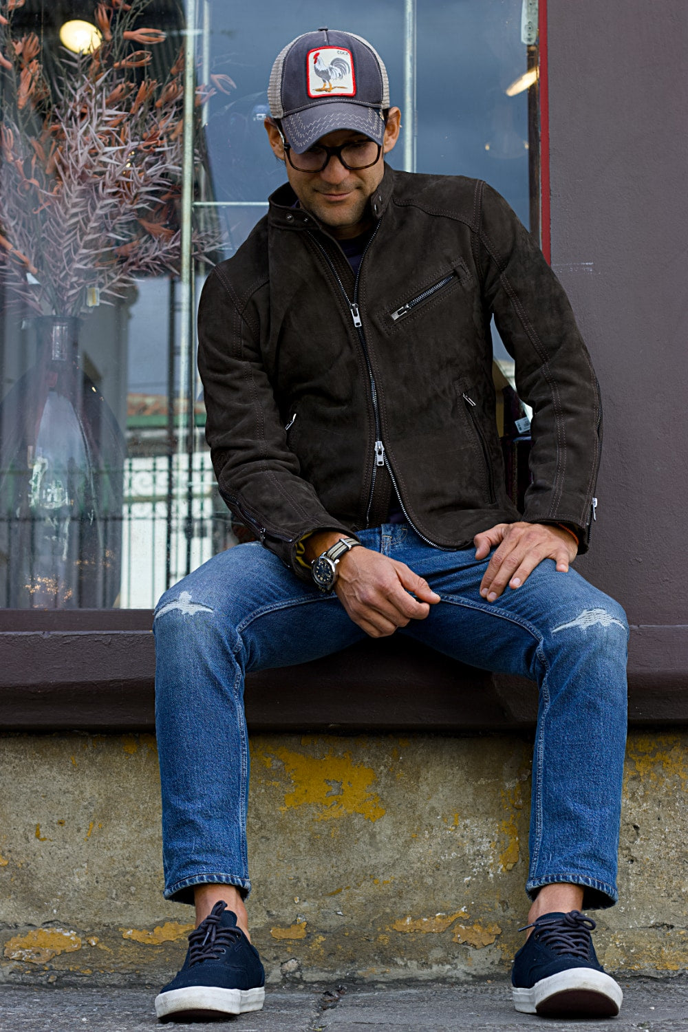 R79 Leather Jacket in Nubuck Suede Double Zip Dark Brown with black zips - Mens