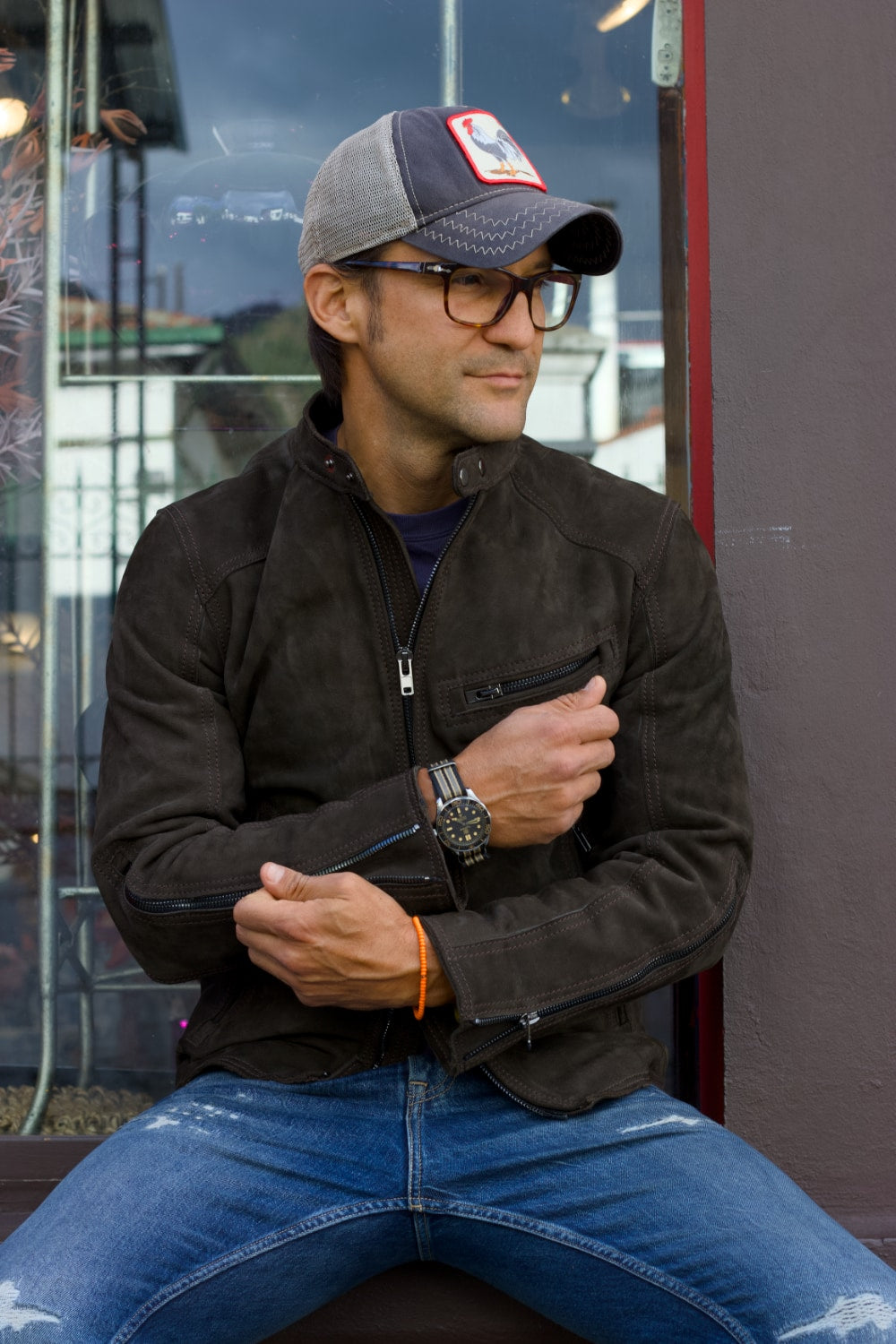 R79 Leather Jacket in Nubuck Suede Double Zip Dark Brown with black zips - Mens