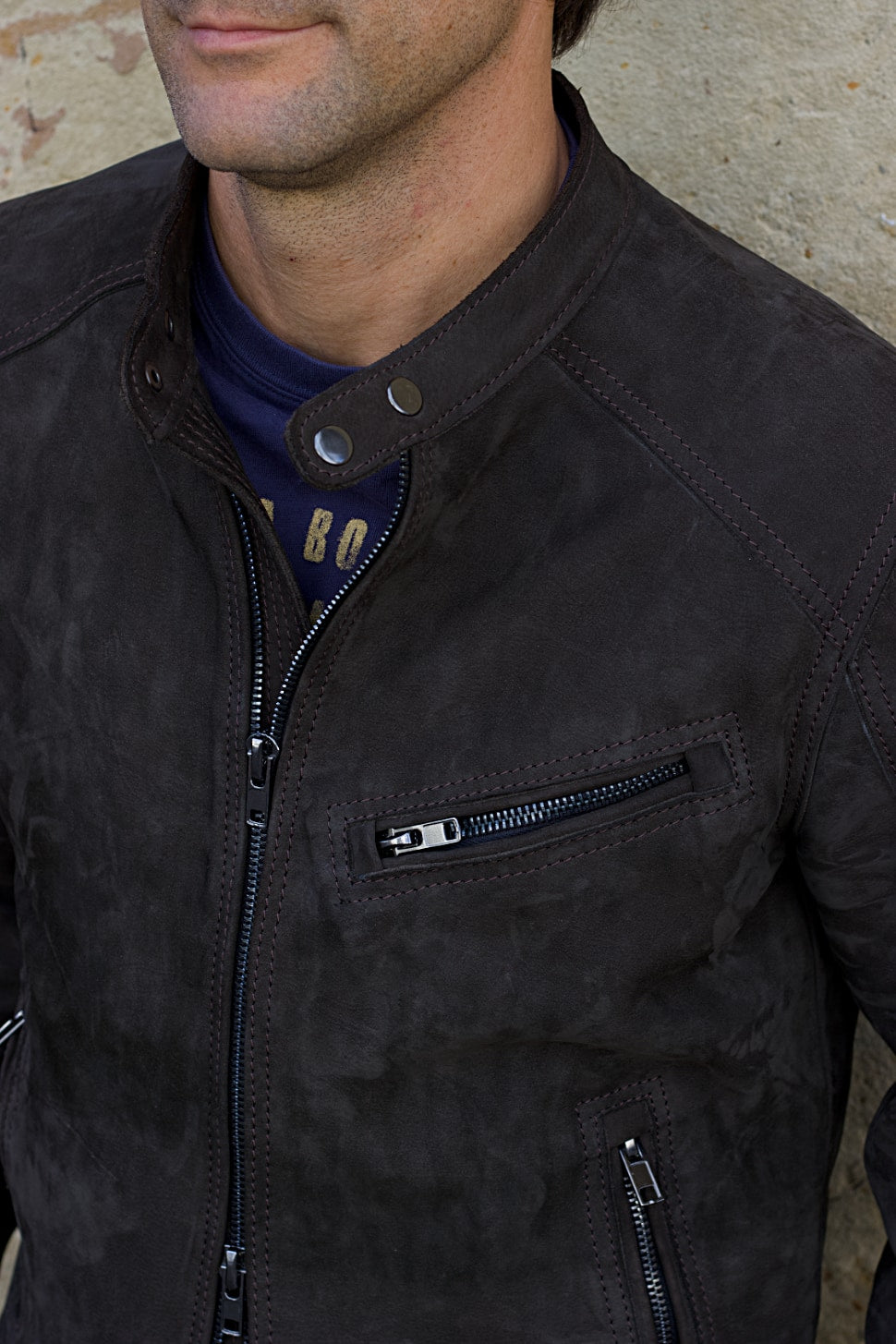 R79 Leather Jacket in Nubuck Suede Double Zip Dark Brown with black zips - Mens