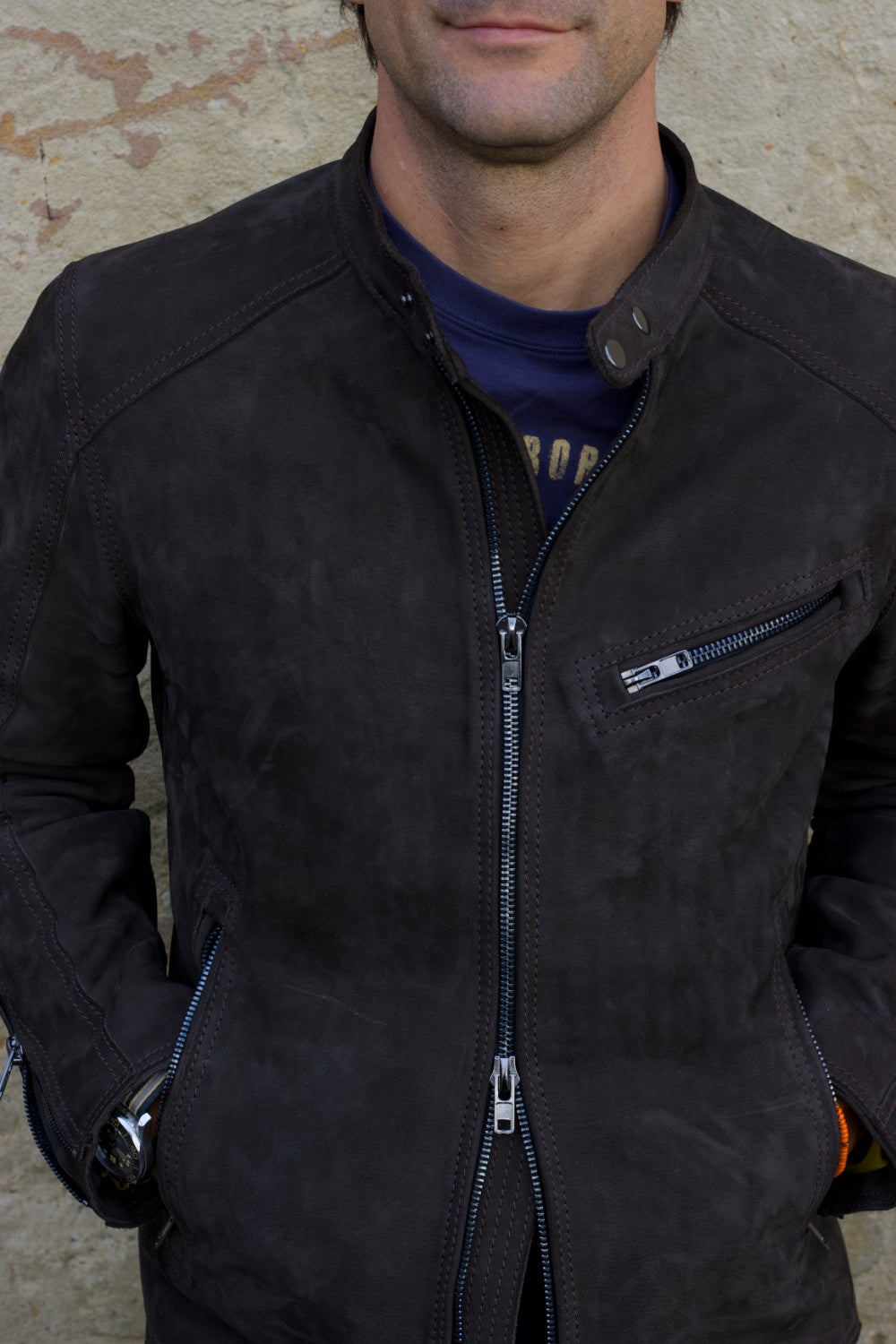 R79 Leather Jacket in Nubuck Suede Double Zip Dark Brown with black zips - Mens