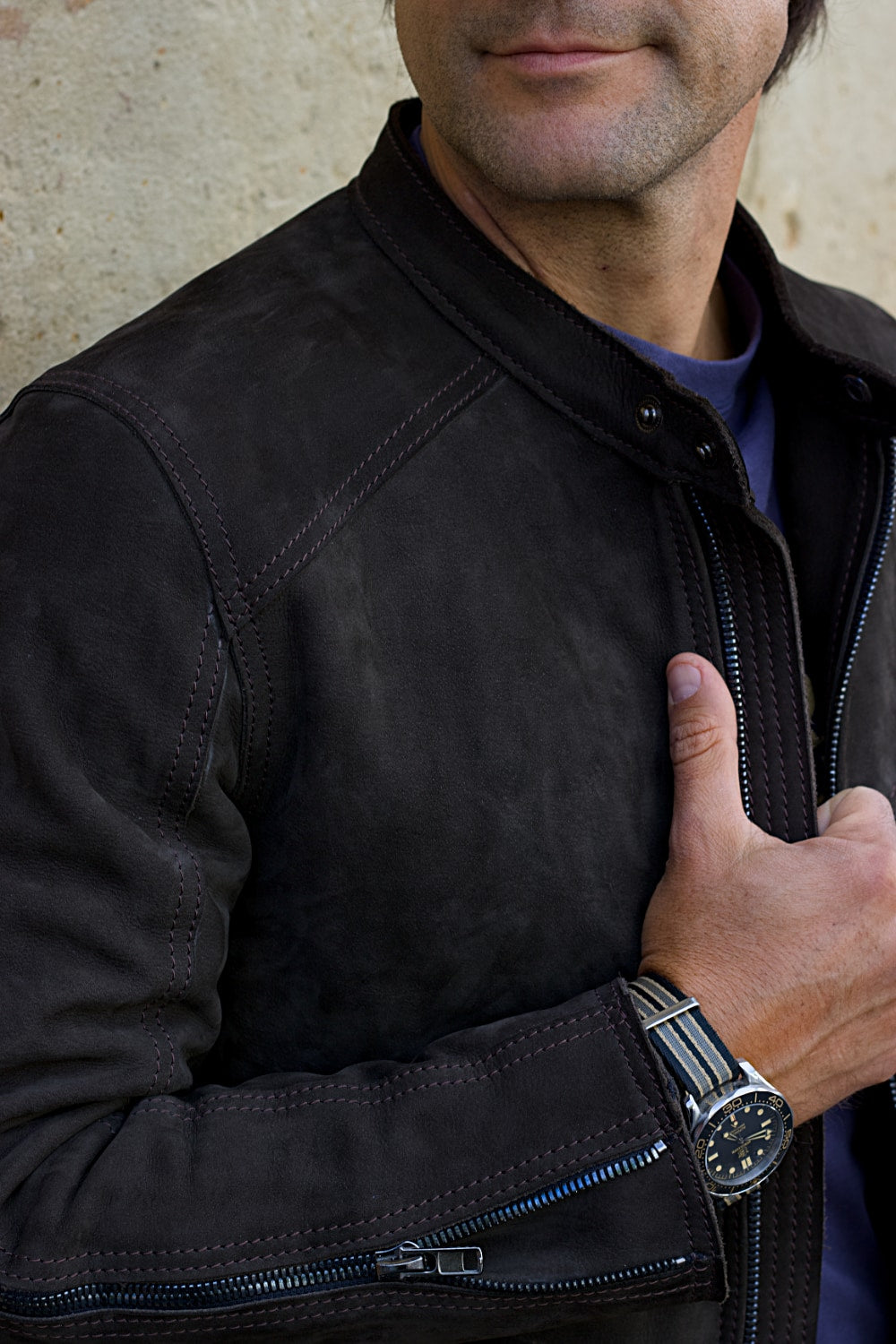 R79 Leather Jacket in Nubuck Suede Double Zip Dark Brown with black zips - Mens