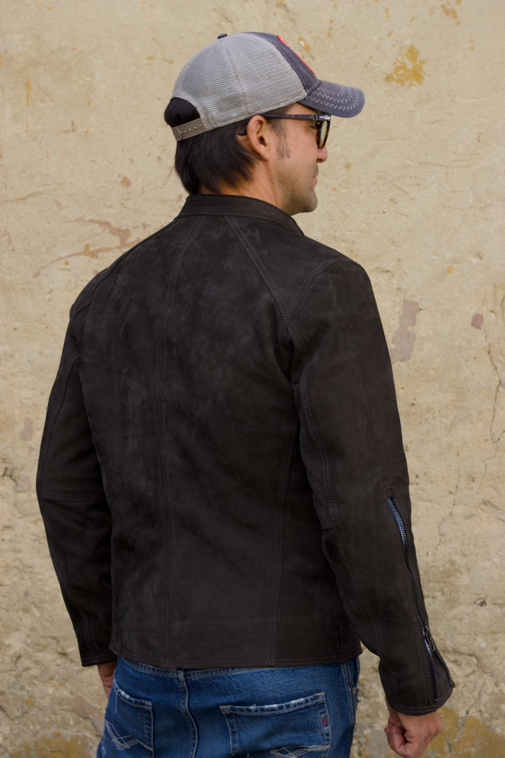 R79 Leather Jacket in Nubuck Suede Double Zip Dark Brown with black zips - Mens
