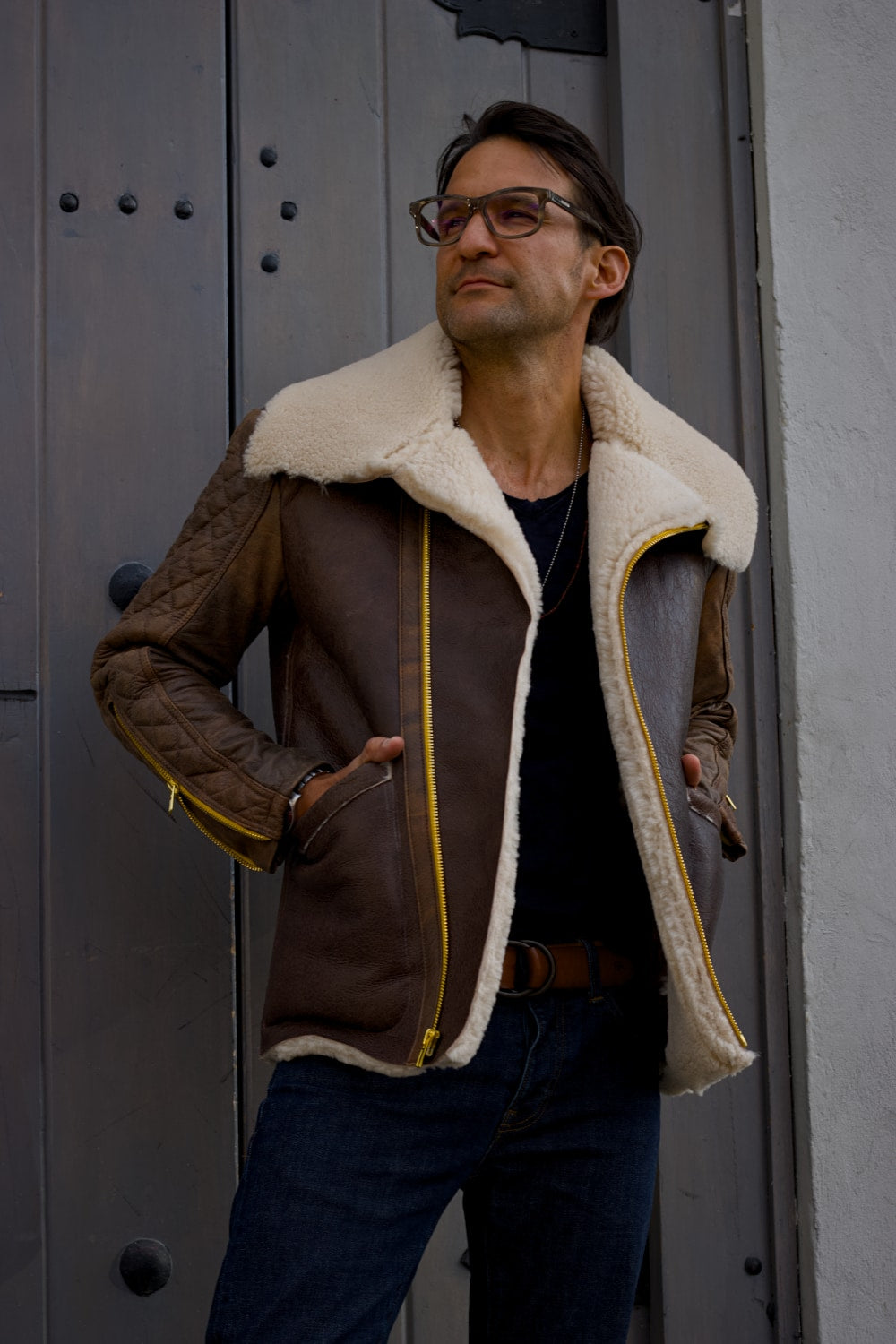 ASPEN Natural Shearling Winter Jacket in Brown Sheepskin & Antique Brown Leather Yellow/Gold zippers