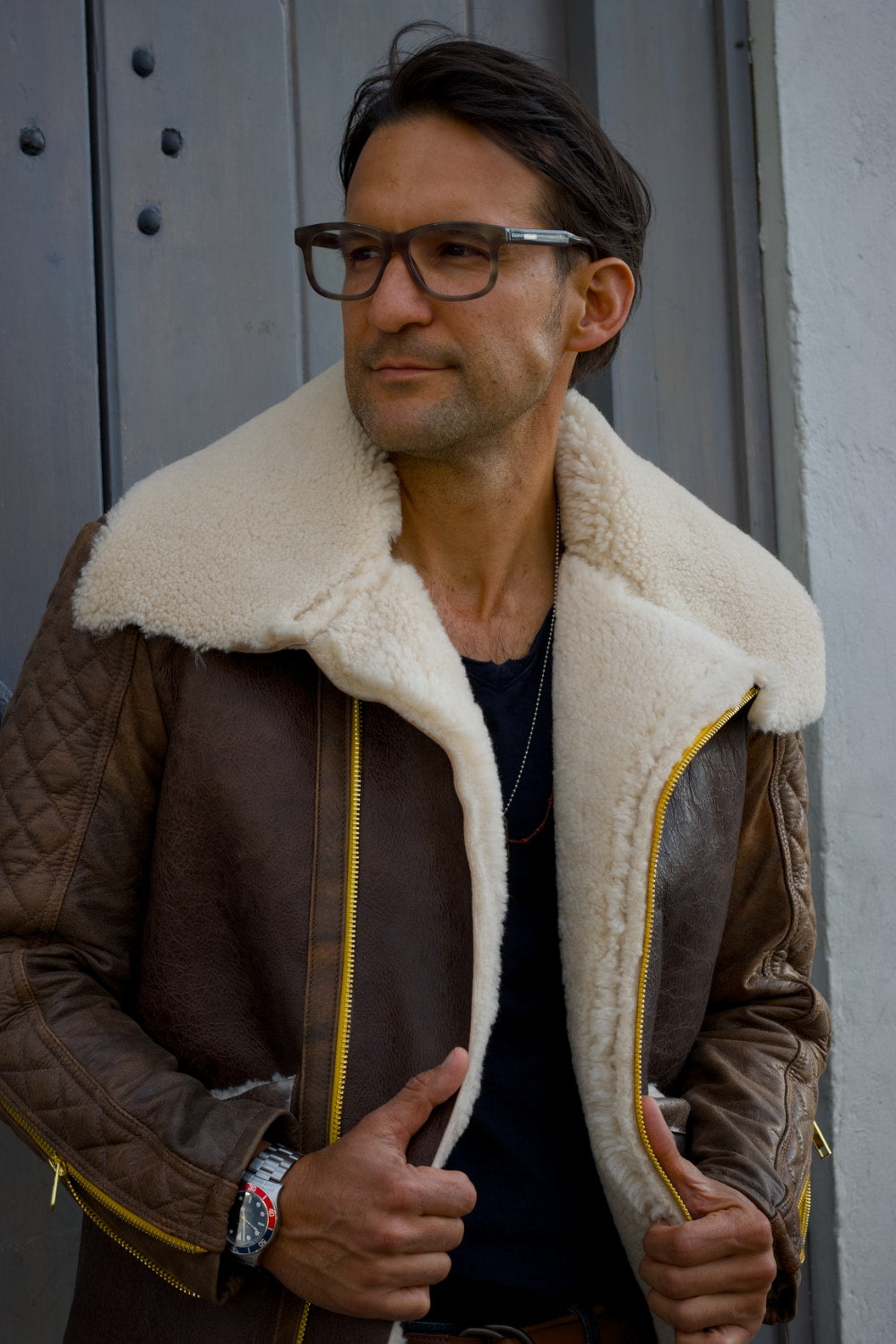 ASPEN Natural Shearling Winter Jacket in Brown Sheepskin & Antique Brown Leather Yellow/Gold zippers