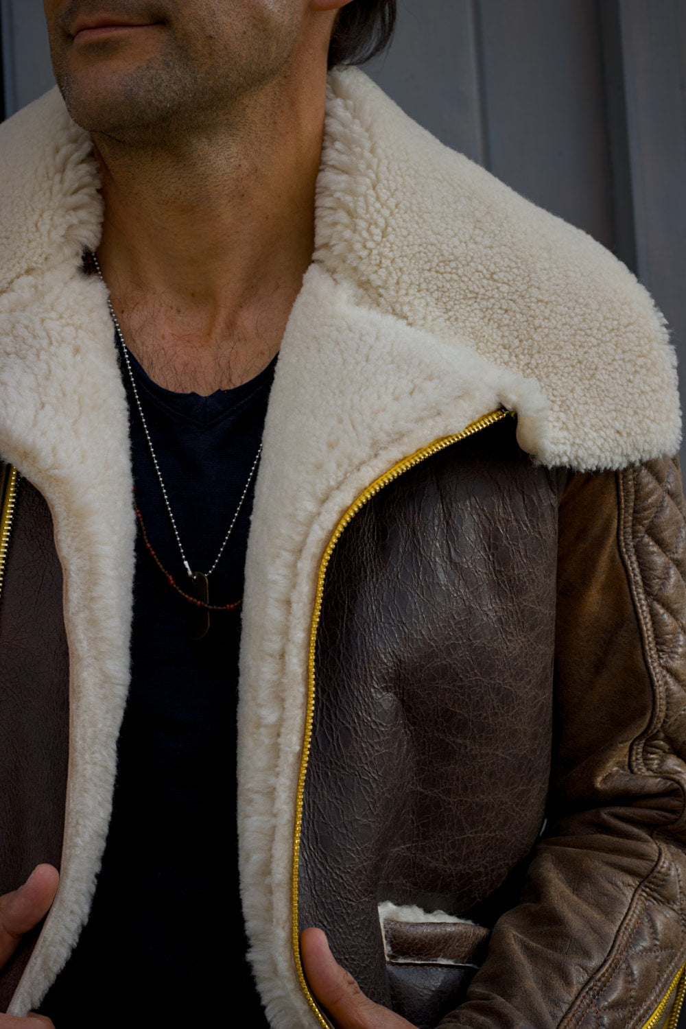 ASPEN Natural Shearling Winter Jacket in Brown Sheepskin & Antique Brown Leather Yellow/Gold zippers PRE-ORDER October 1st
