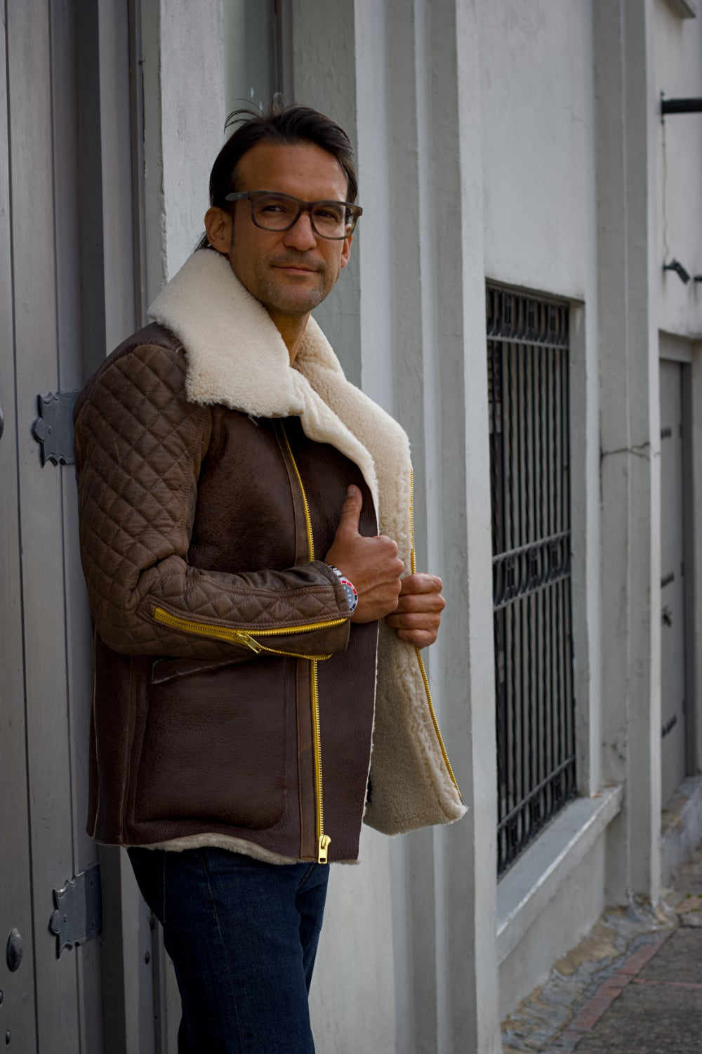 ASPEN Natural Shearling Winter Jacket in Brown Sheepskin & Antique Brown Leather Yellow/Gold zippers PRE-ORDER October 1st