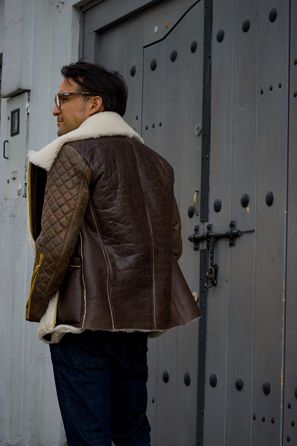 ASPEN Natural Shearling Winter Jacket in Brown Sheepskin & Antique Brown Leather Yellow/Gold zippers PRE-ORDER October 1st