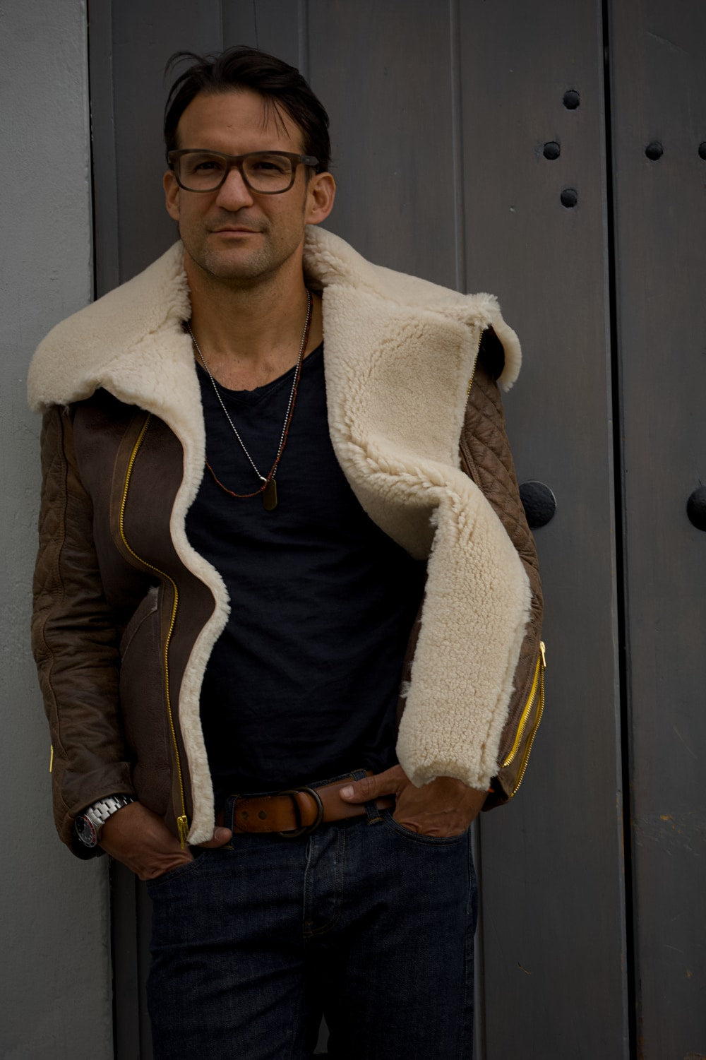 ASPEN Natural Shearling Winter Jacket in Brown Sheepskin & Antique Brown Leather Yellow/Gold zippers PRE-ORDER October 1st