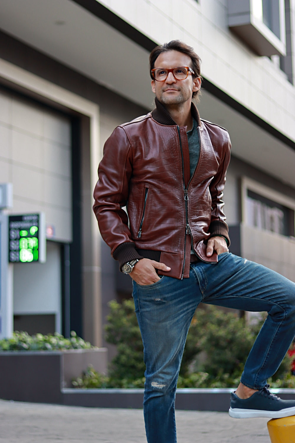 POLO Bomber Embossed Leather Jacket Reptile Limited- Mahogany Mens