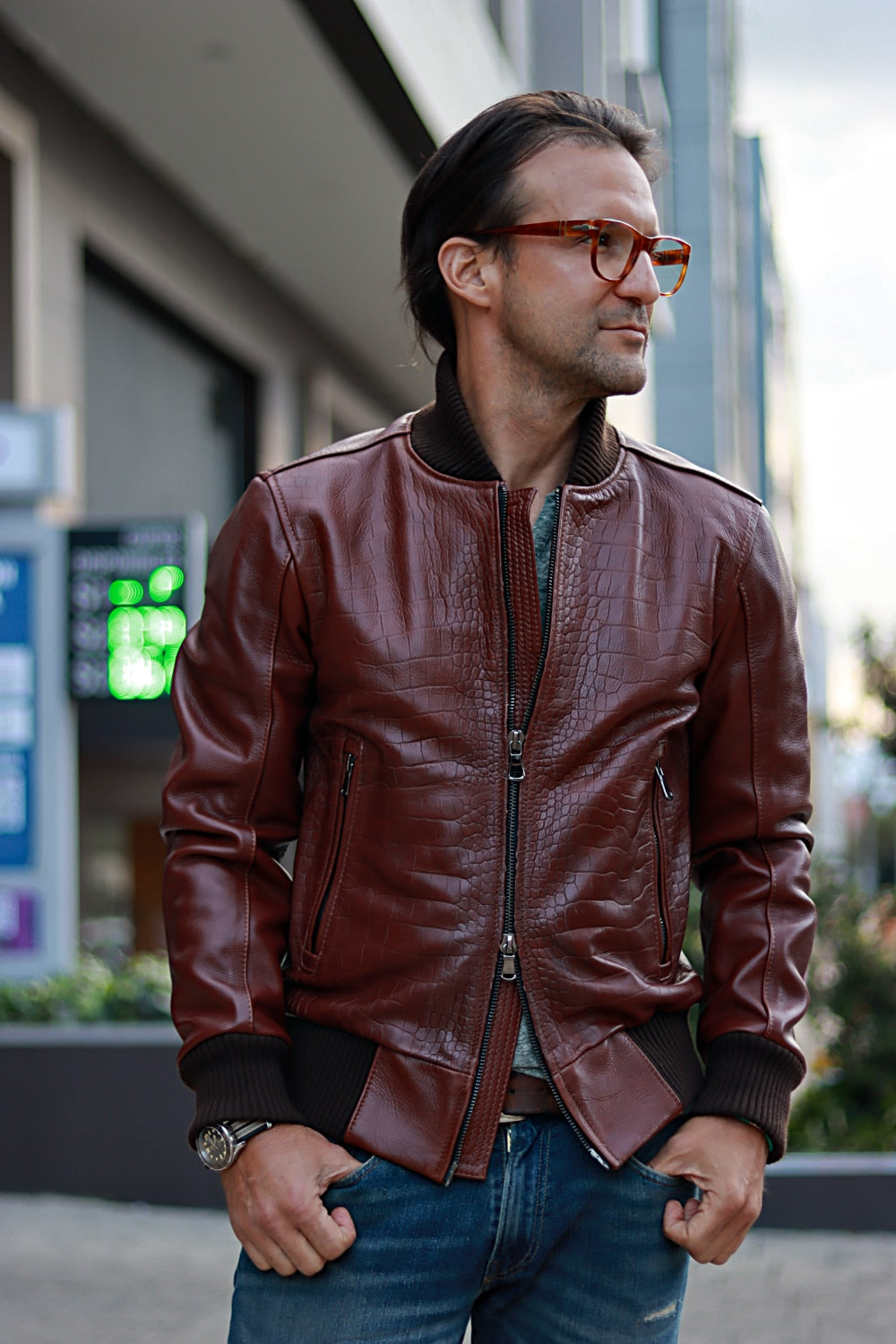 POLO Bomber Embossed Leather Jacket Reptile Limited- Mahogany Mens