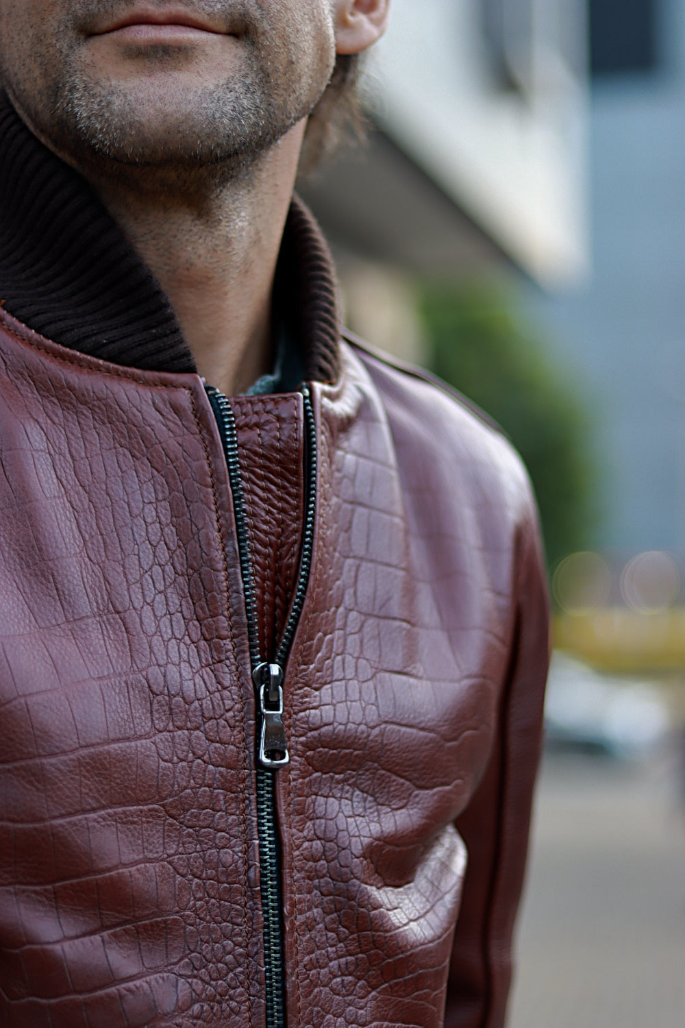 POLO Bomber Embossed Leather Jacket Reptile Limited- Mahogany Mens