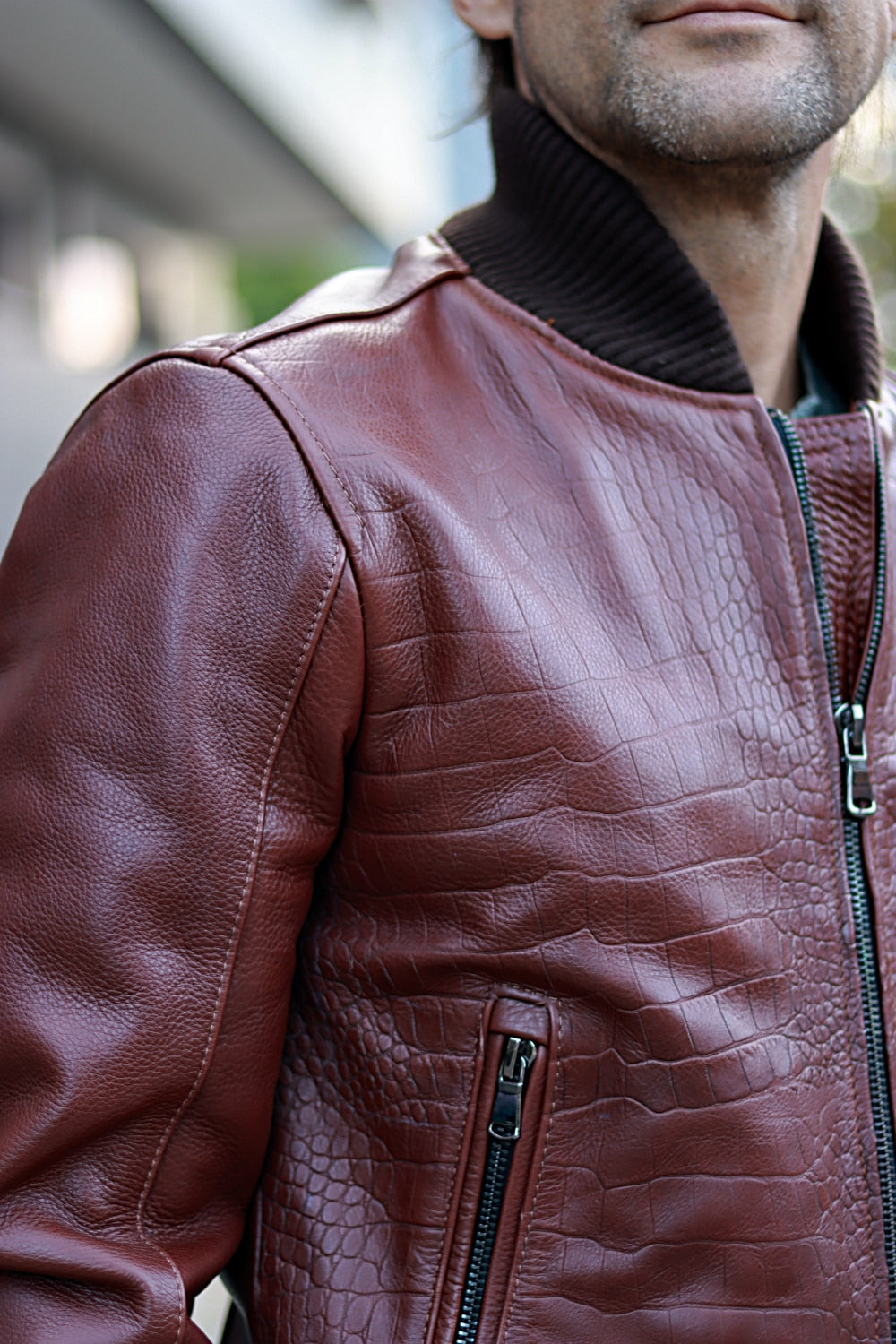 POLO Bomber Embossed Leather Jacket Reptile Limited- Mahogany Mens