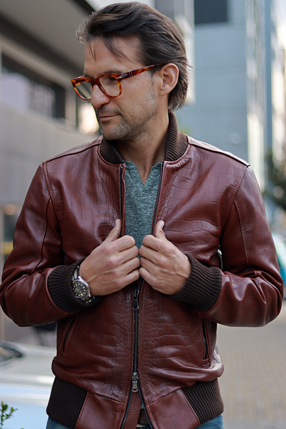 POLO Bomber Embossed Leather Jacket Reptile Limited- Mahogany Mens