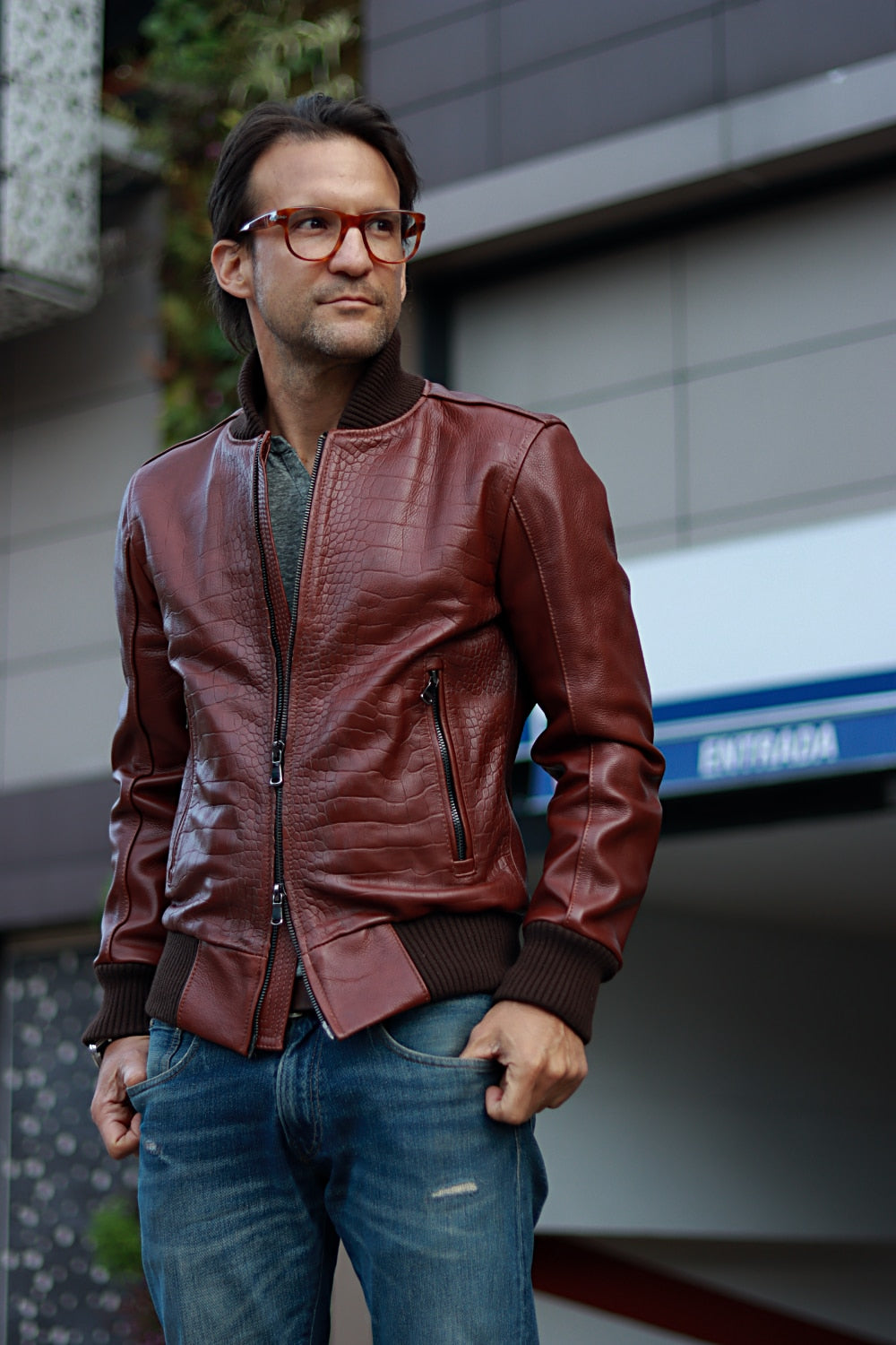 POLO Bomber Embossed Leather Jacket Reptile Limited- Mahogany Mens