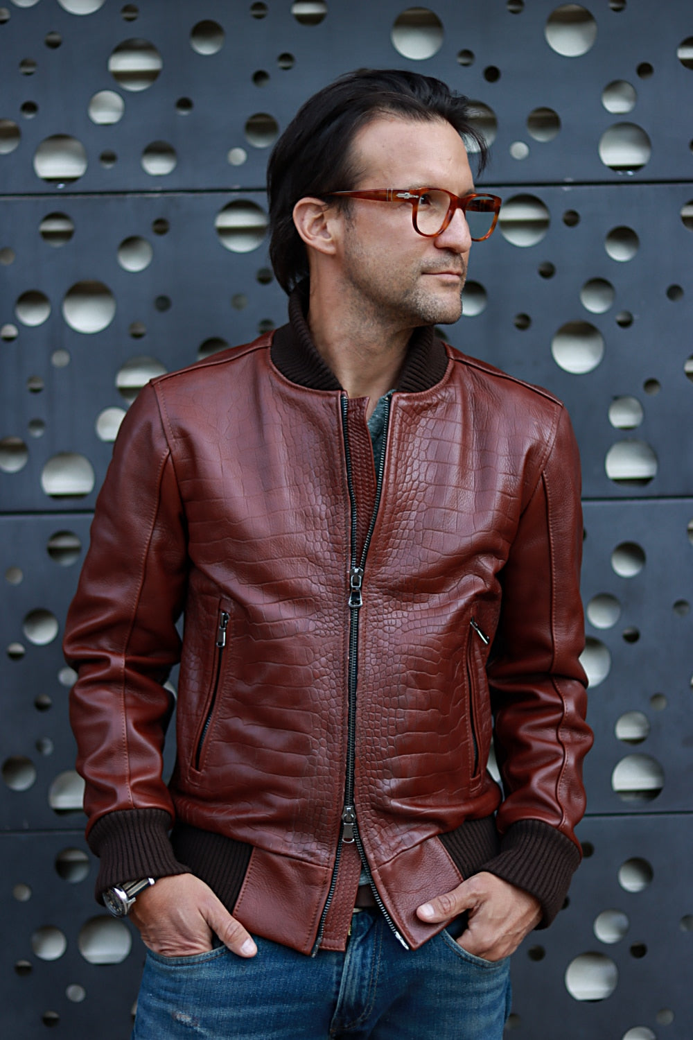 POLO Bomber Embossed Leather Jacket Reptile Limited- Mahogany Mens