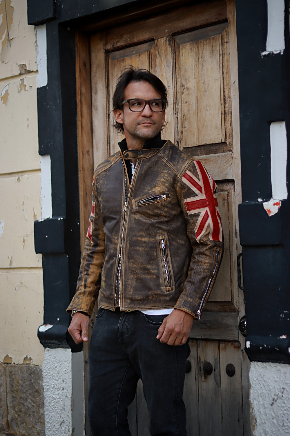 UNION JACK Leather Jacket in Ultra Distressed Brown & Red British Flag - Mens