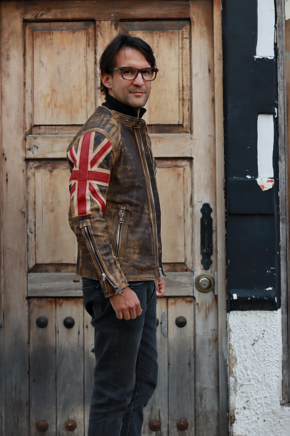 UNION JACK Leather Jacket in Ultra Distressed Brown & Red British Flag - Mens