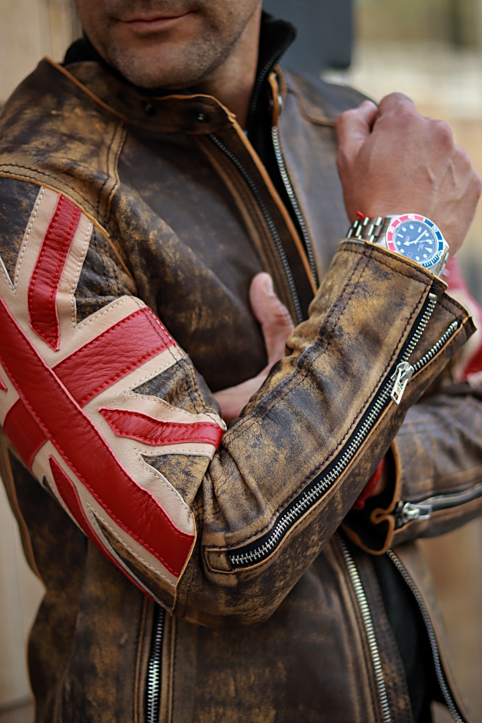 UNION JACK Leather Jacket in Ultra Distressed Brown & Red British Flag - Mens