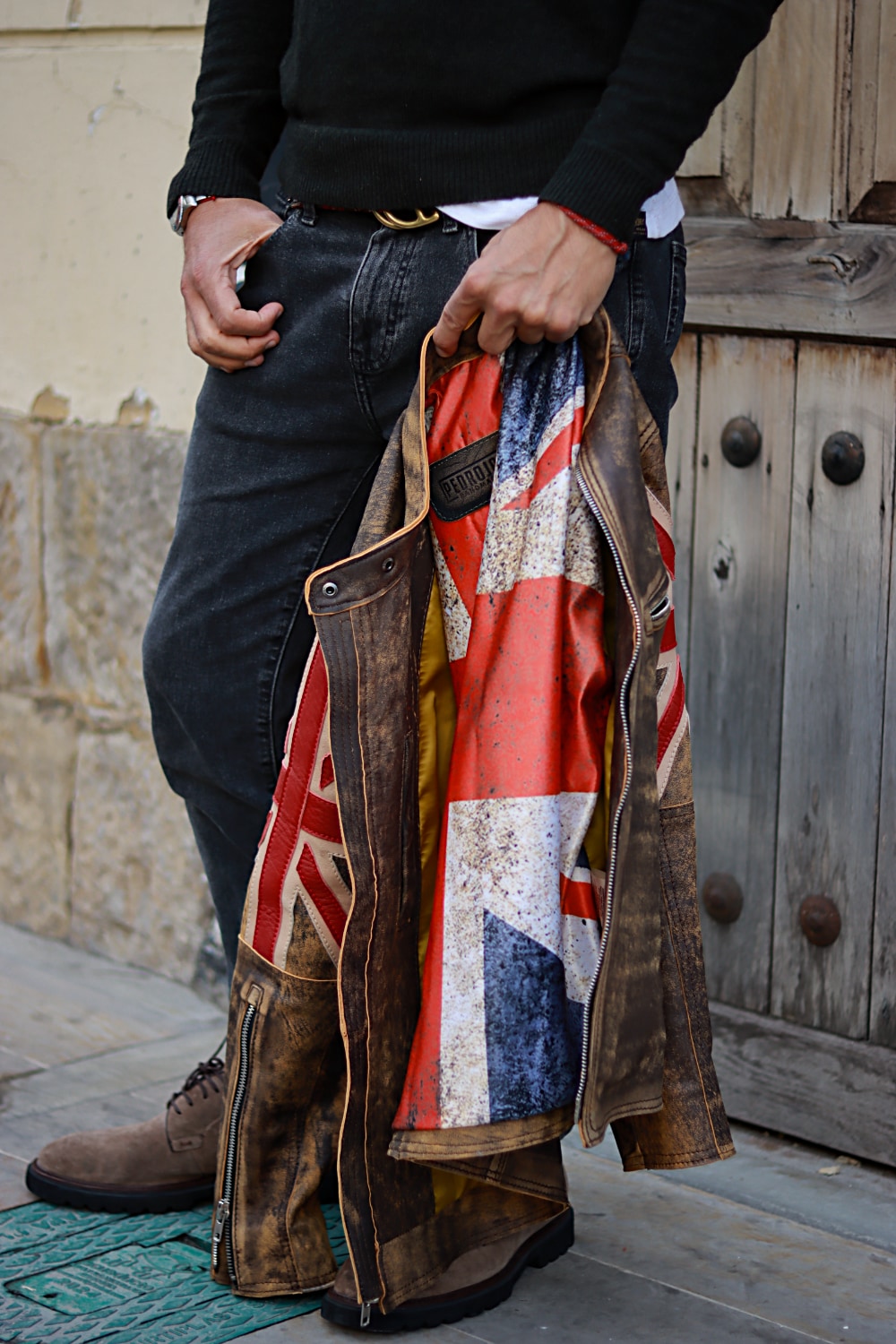 UNION JACK Leather Jacket in Ultra Distressed Brown & Red British Flag - Mens