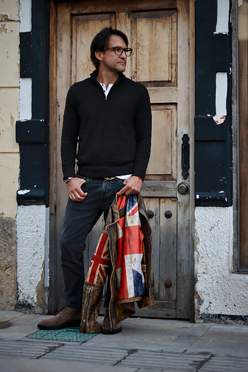 UNION JACK Leather Jacket in Ultra Distressed Brown & Red British Flag - Mens