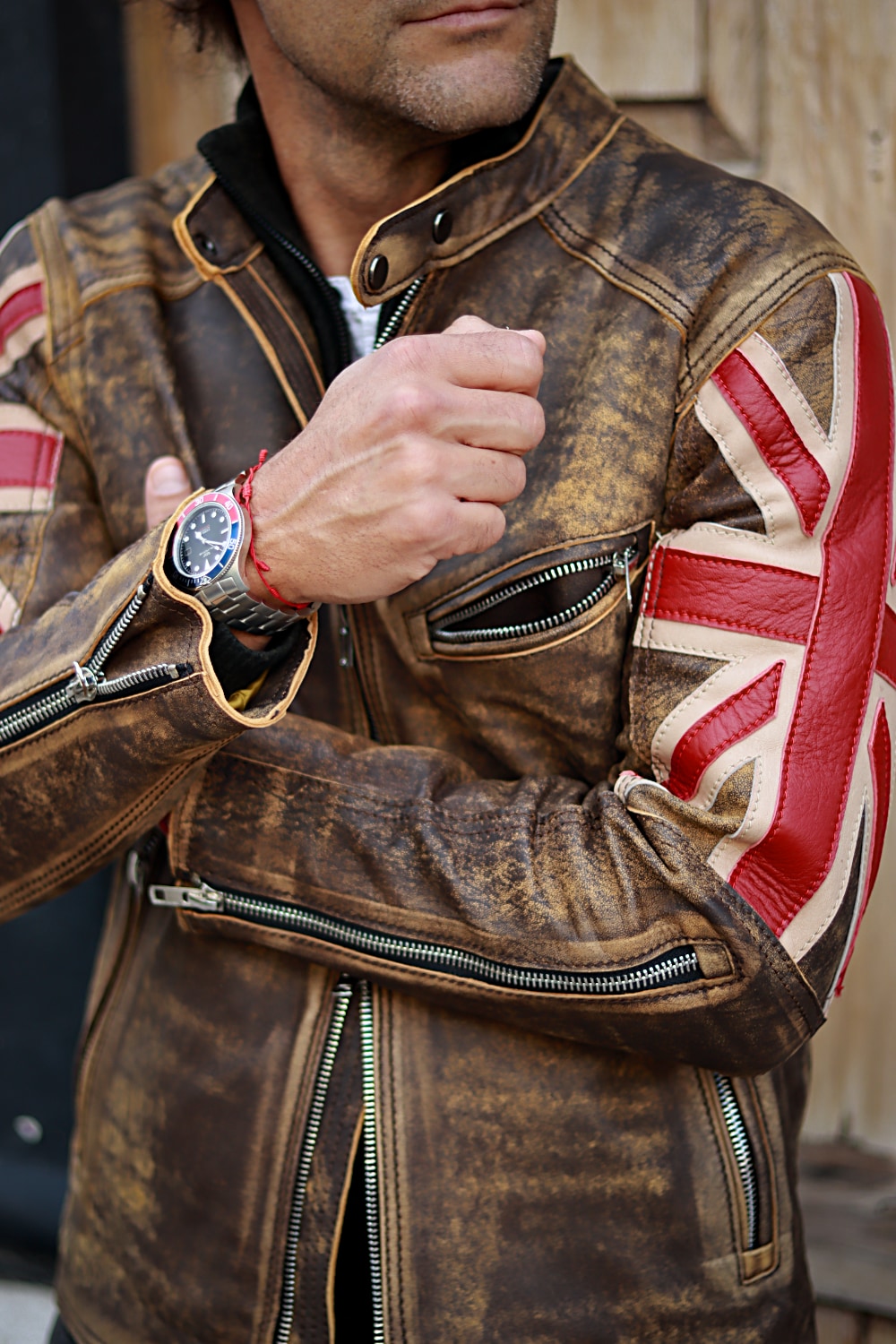 UNION JACK Leather Jacket in Ultra Distressed Brown & Red British Flag - Mens