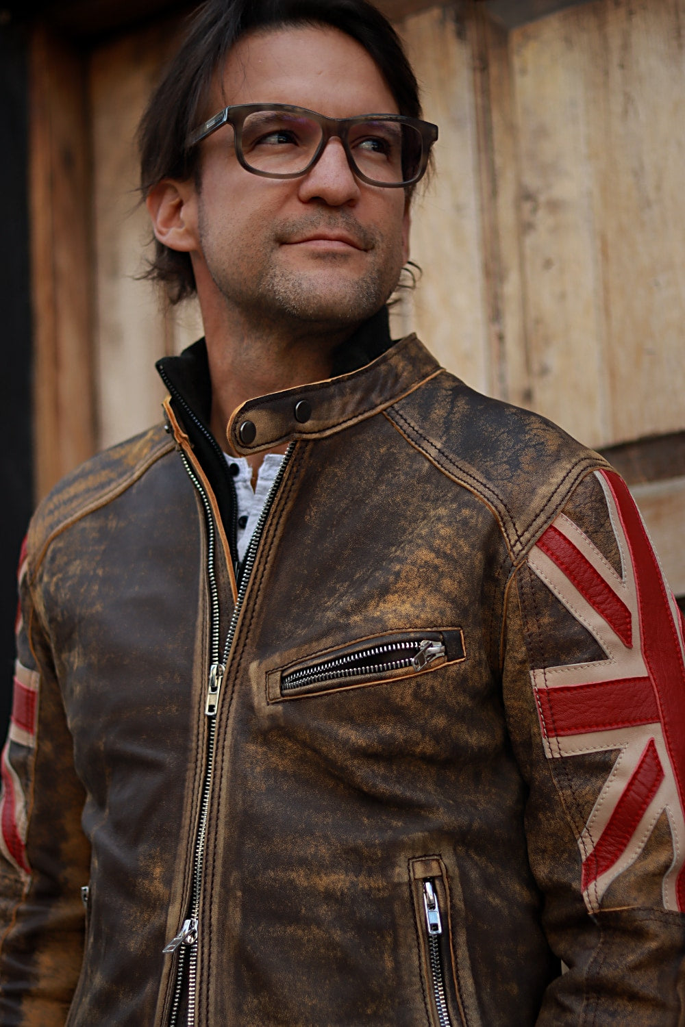 UNION JACK Leather Jacket in Ultra Distressed Brown & Red British Flag - Mens