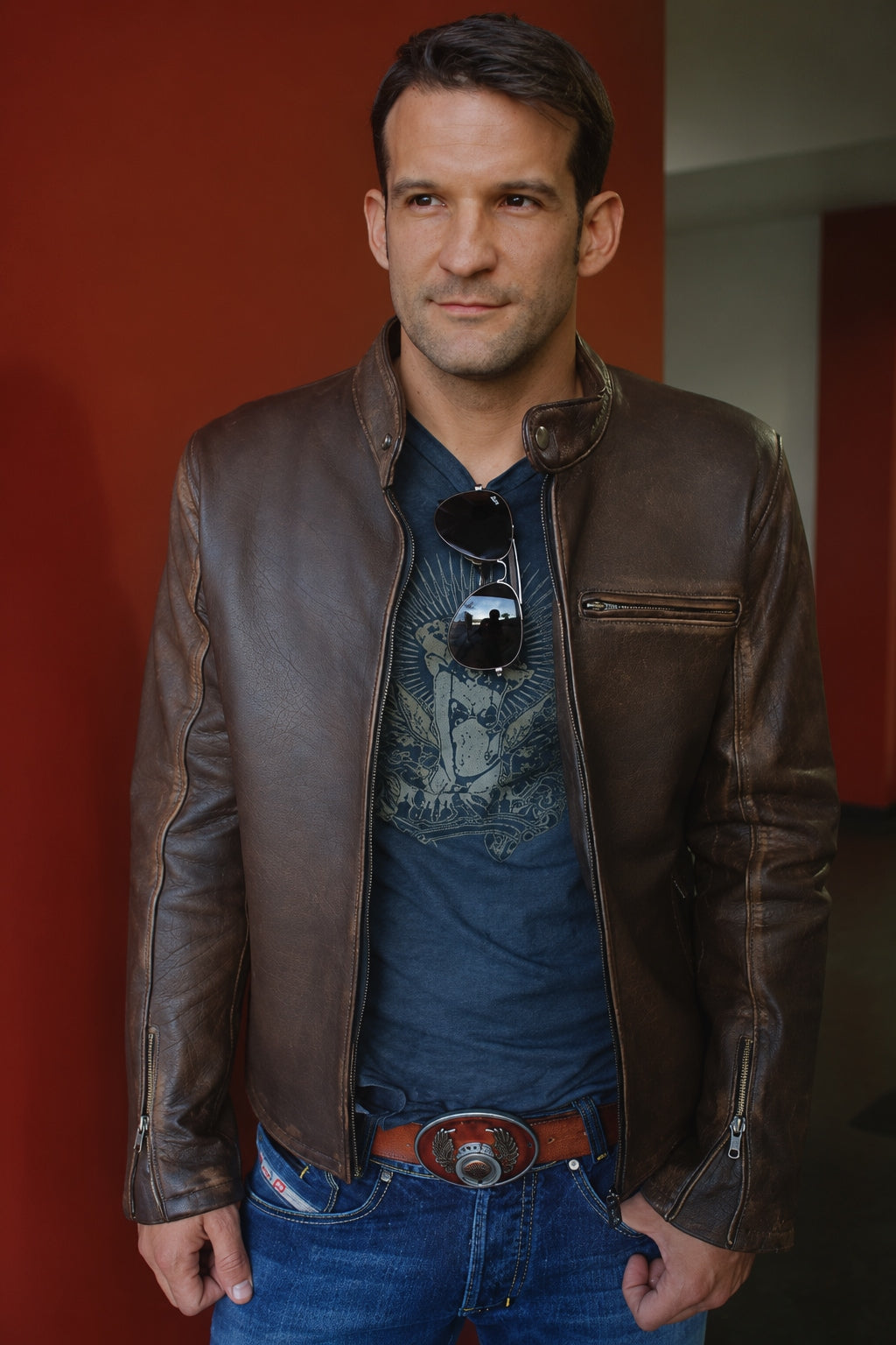 R79 Leather Jacket Distressed Brown Vintage Fit - Motorcycle Cafe Racer