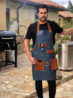 ALPES Leather BBQ Apron Ocean Deep Blue & Brown -