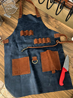 ALPES Leather BBQ Apron Ocean Deep Blue & Brown -