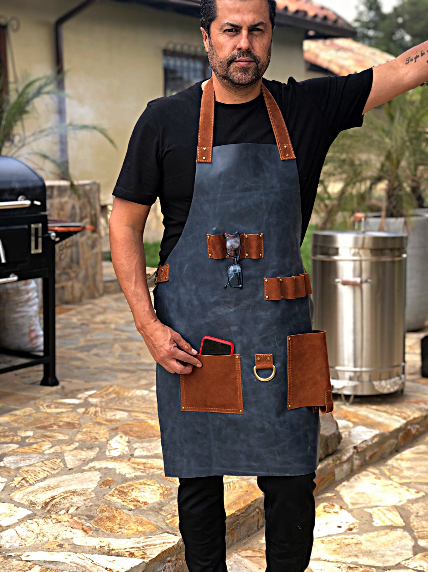 ALPES Leather BBQ Apron Ocean Deep Blue & Brown -