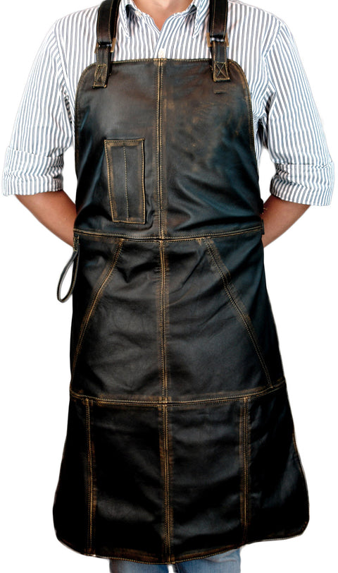 MIKE BBQ Leather Apron Grilling Distressed Black - Personalized Embroidery - Customizable - PDCollection Leatherwear - Online Shop