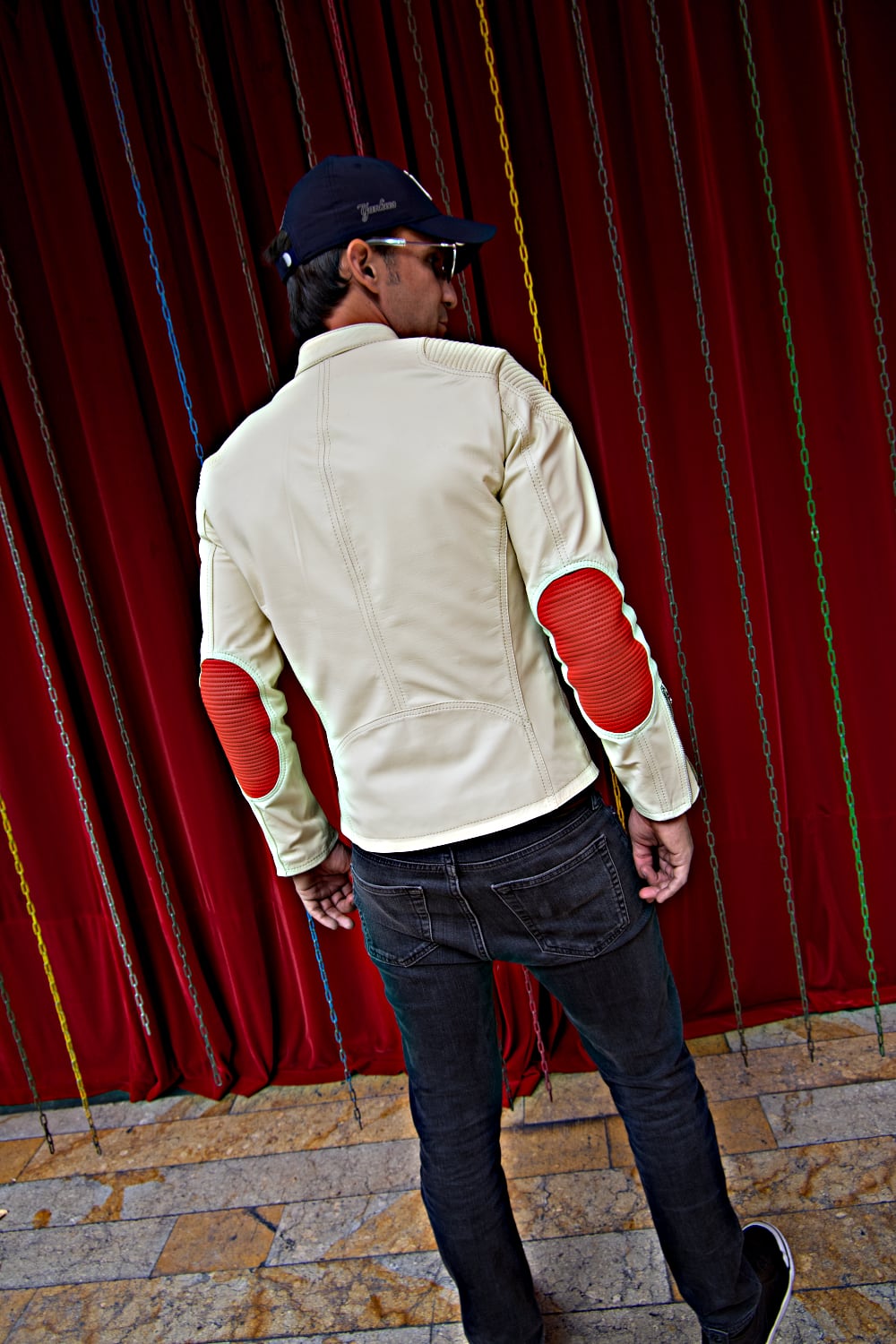 FALLOUT Leather Jacket- Lightweight Sport Cafe Racer in Ivory & Orange