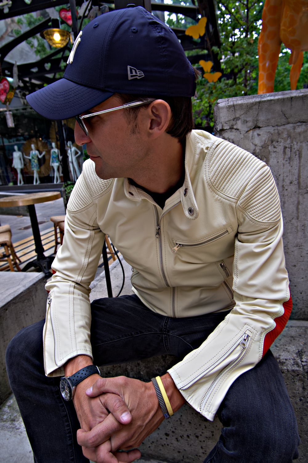 FALLOUT Leather Jacket  - Lightweight Sport Cafe Racer in Ivory & Orange