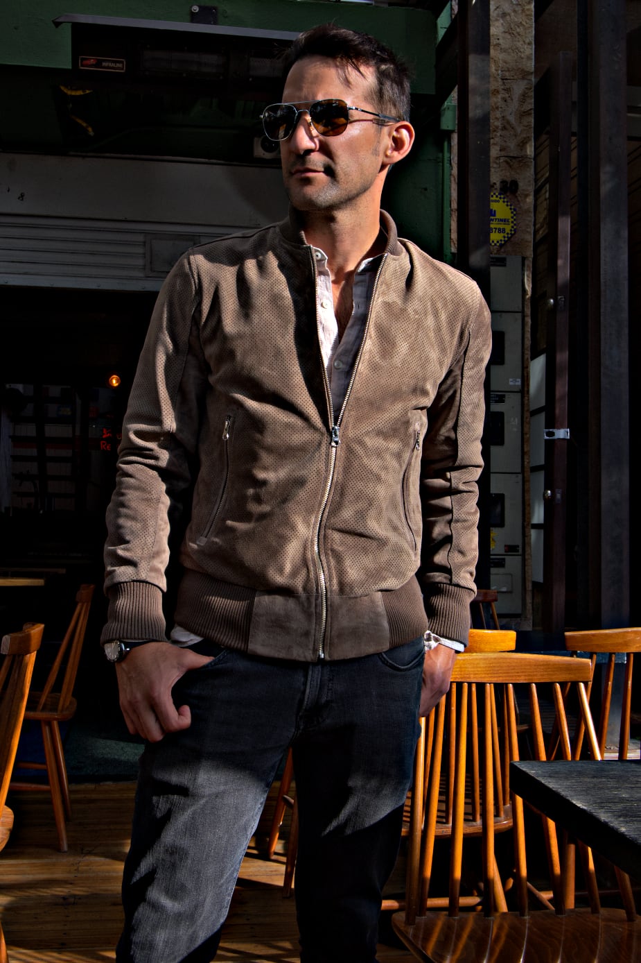 Grand Prix Bomber Jacket in Perforated Suede - Taupee