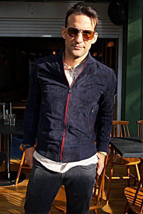 Grand Prix Bomber Jacket Perforated Suede - Deep Blue & Red