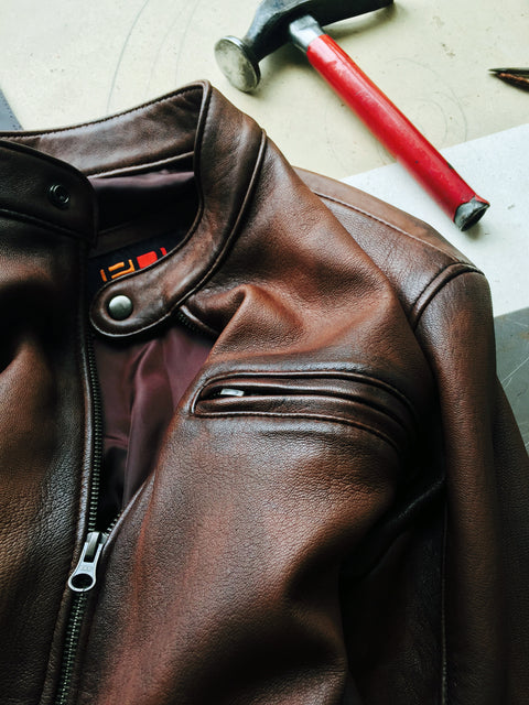 R79 HB Leather Jacket Luxury Cafe Racer Antique Brown Vintage Fit Hand Burnished - PDCollection Leatherwear - Online Shop