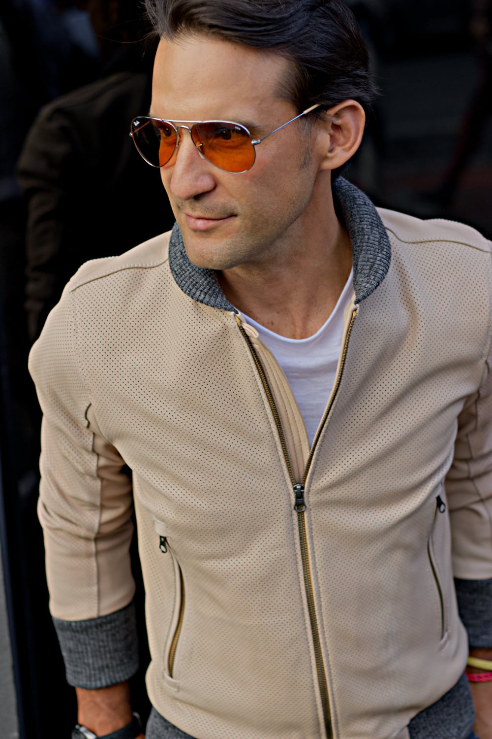 GRAND PRIX Bomber Jacket in Perforated Suede - Beige