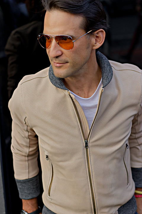 GRAND PRIX Bomber Jacket in Perforated Suede - Beige