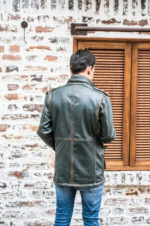 FIELD FR Leather Jacket in Goatskin - Distressed Green  - Mid-Length