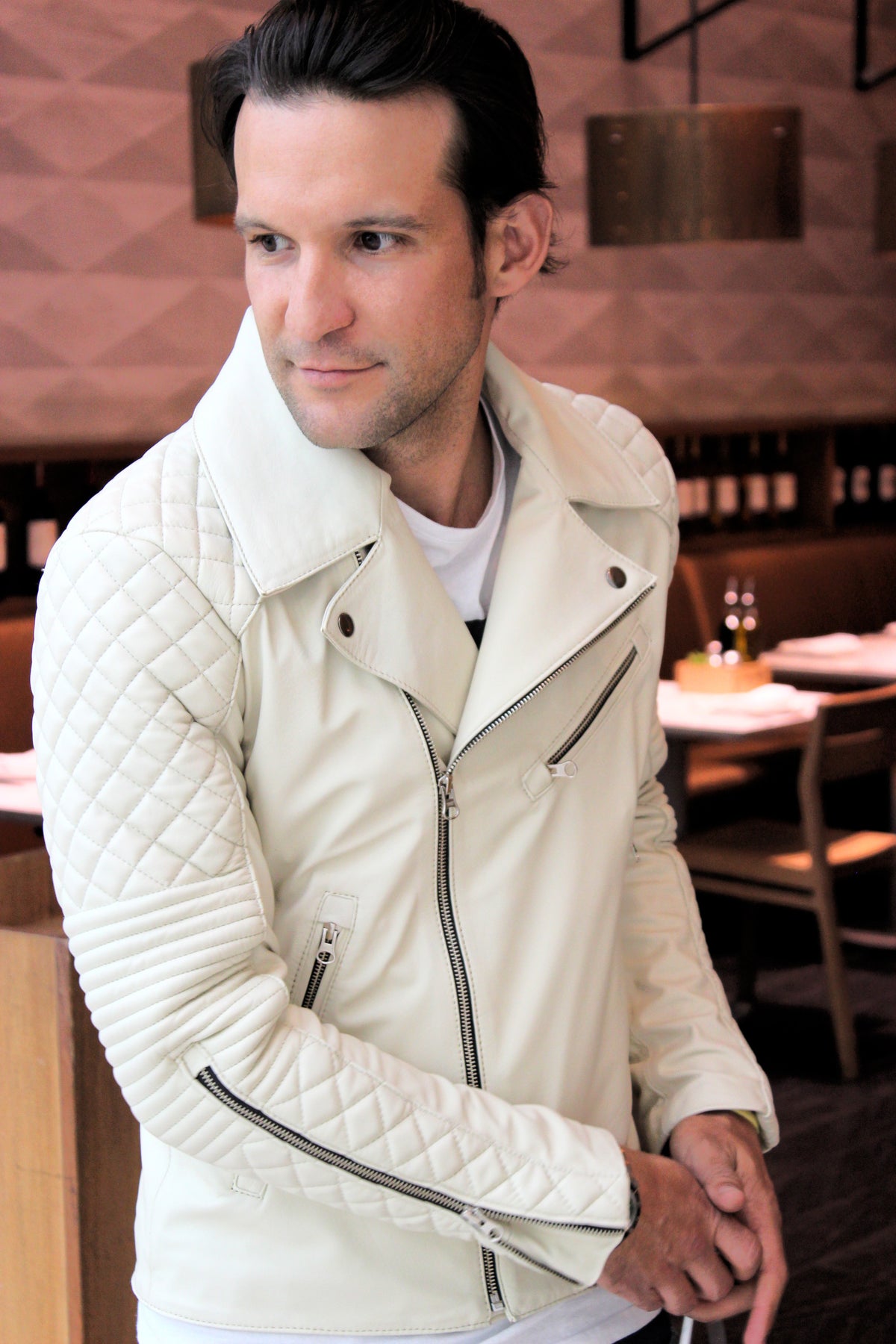 MONACO Leather JacketCalf -Ivory Color Quilted - PDCollection Leatherwear - Online Shop