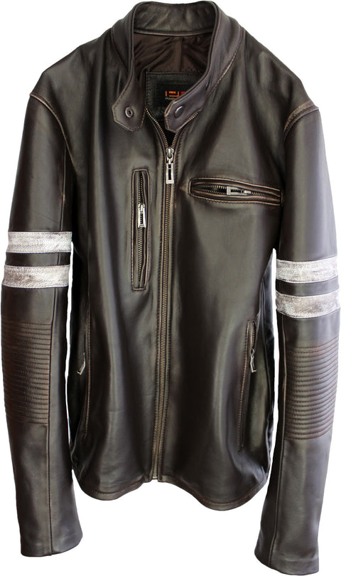 MUSTANG '18 Leather Jacket Distressed Brown - Cafe Racer Stripes - PDCollection Leatherwear - Online Shop